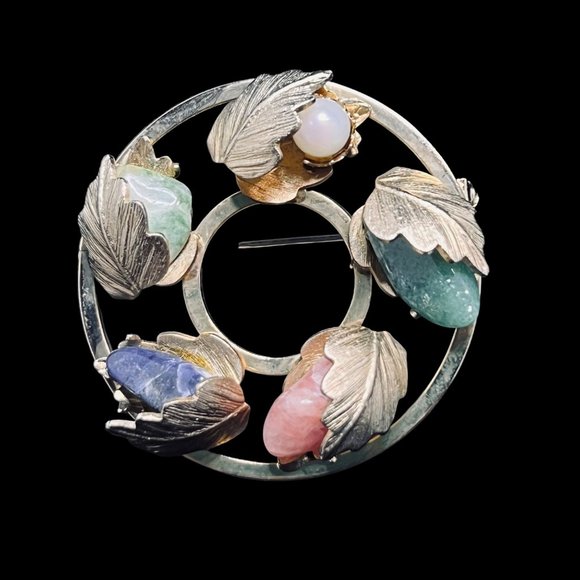 Sarah Coventry Gold Tone W/Semi Precious Stones Brooch & Clip On Earrings (4603) - Picture 3 of 9